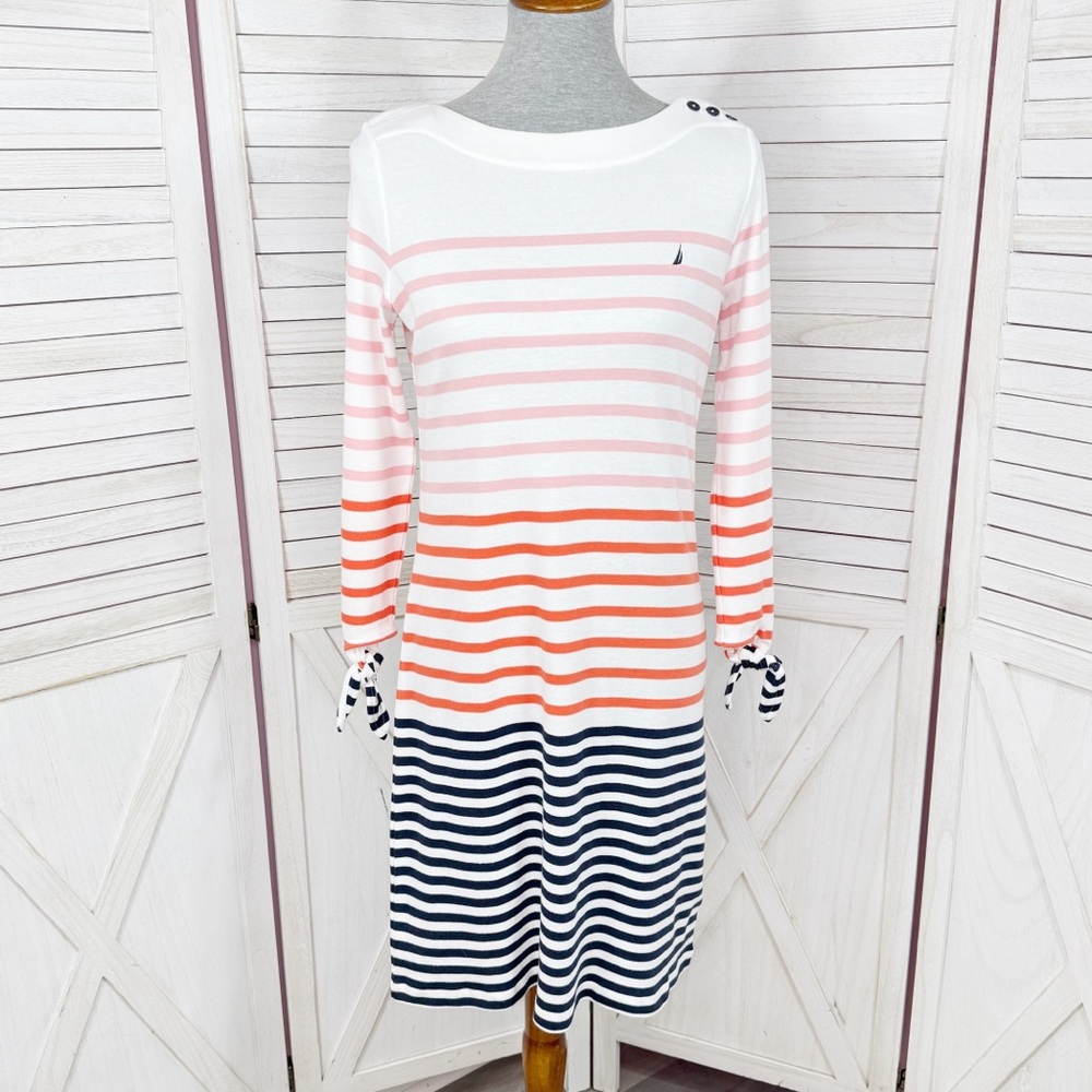 Nautica Striped Tie Sleeve Shirt Shift Dress White Coral Small Preppy Resort